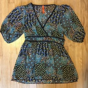 Deu 28 Sheer Floral Smocked V-neck Blouse Top S